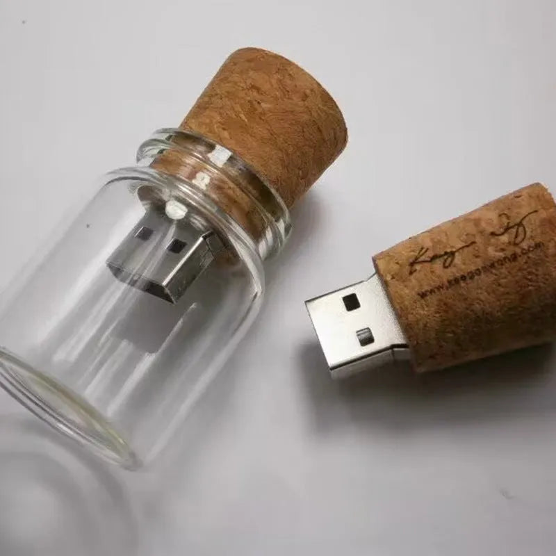 Transparent wooden drift bottle shaped USB flash drive measuring 60 by 28mm