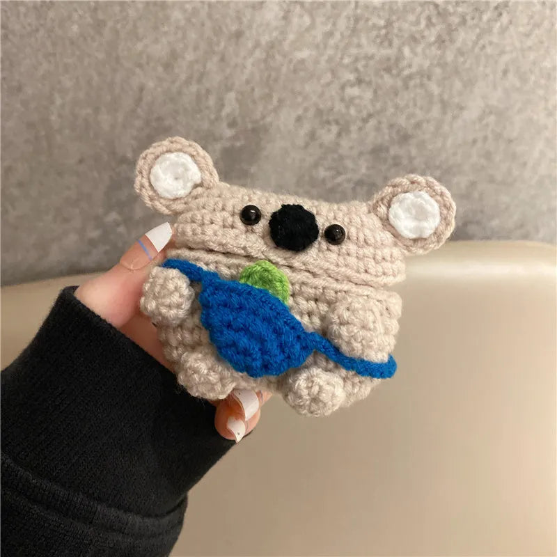 Hand-knitted koala bear backpack design cover for Apple AirPods and AirPods Pro charging case.