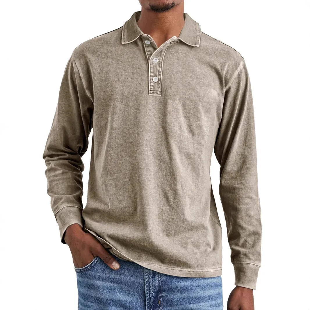 Men's retro washed distressed cotton lapel polo shirt in army green, long sleeves.
