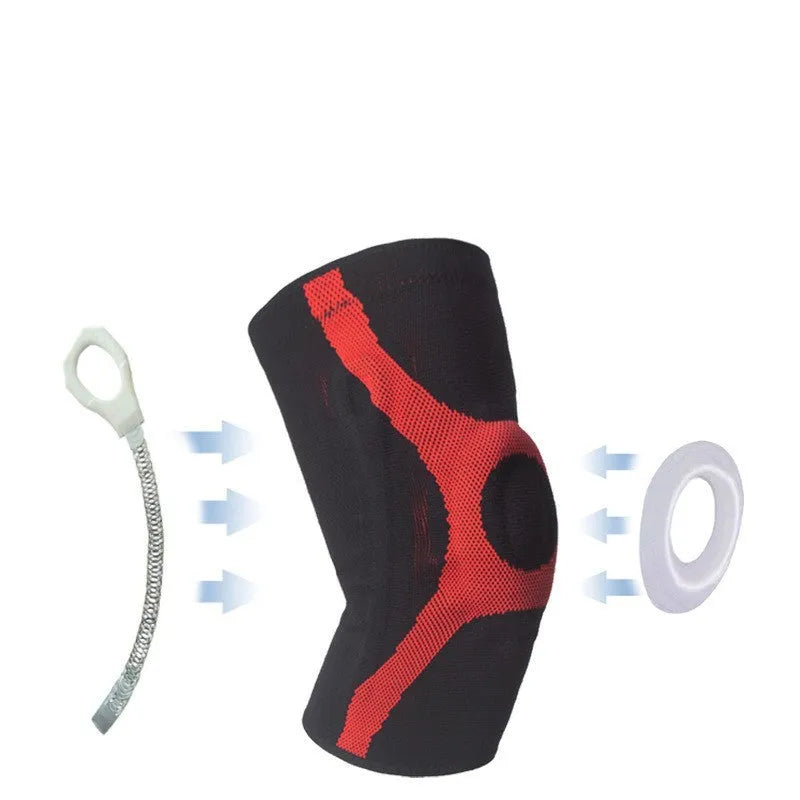 Red and grey silicone knitted knee pads with non-slip grip for sports protection.