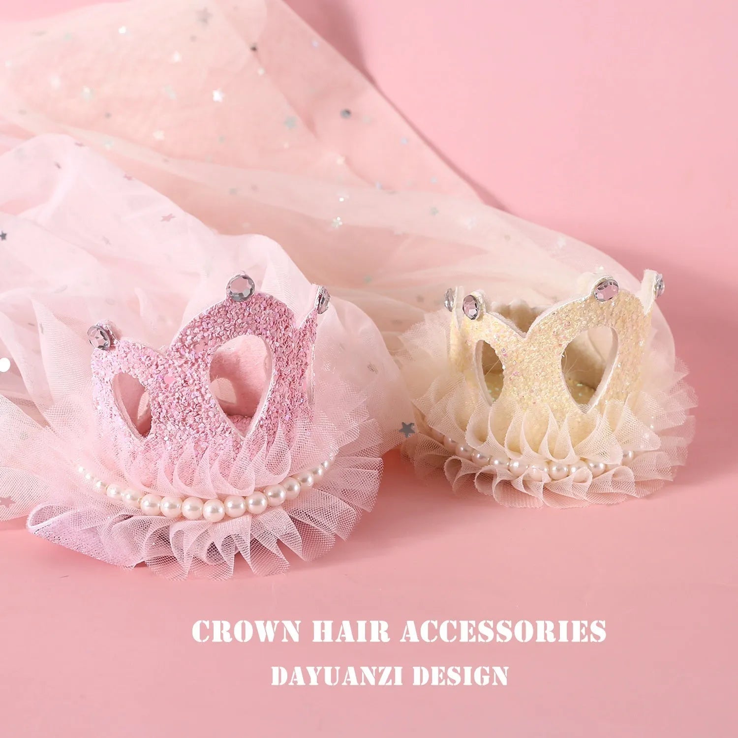 Pet cat wearing princess crown headdress with beige crown veil accessory