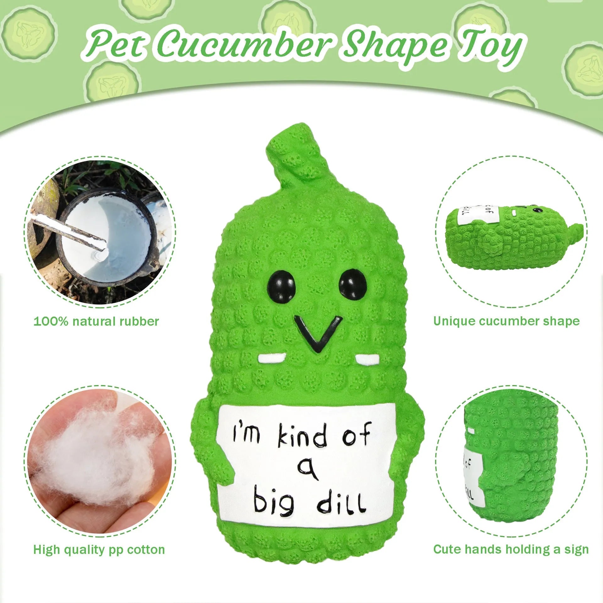 Green pickle-shaped latex dog chew toy with textured surface and squeaker