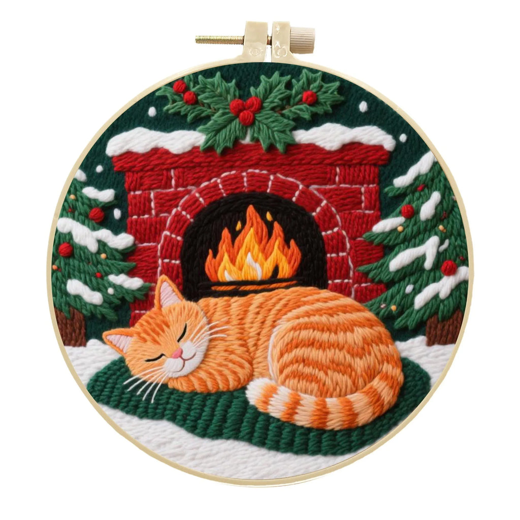 Cotton linen embroidery material package showing autumn fruit patterns for cat-themed DIY projects