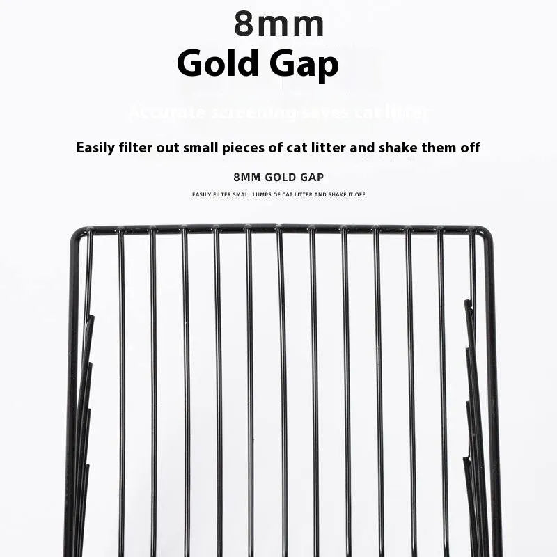 Black metal cat litter scoop with narrow 0.8cm gaps between tines