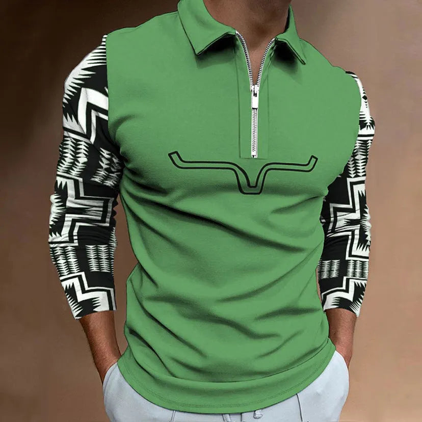 Men's zipper casual top with 3D digital print and front zipper decoration in cotton blend fabric