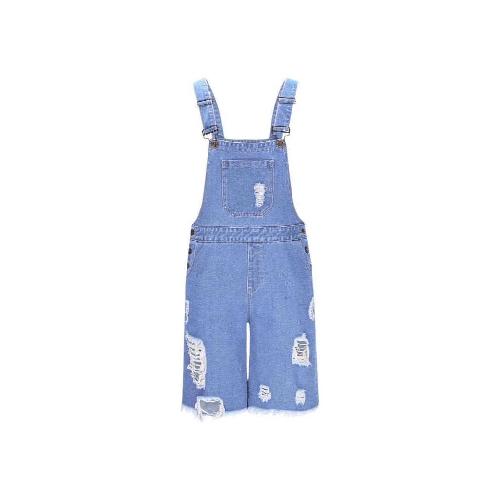 Men's ripped denim shorts with suspenders in a straight-leg style