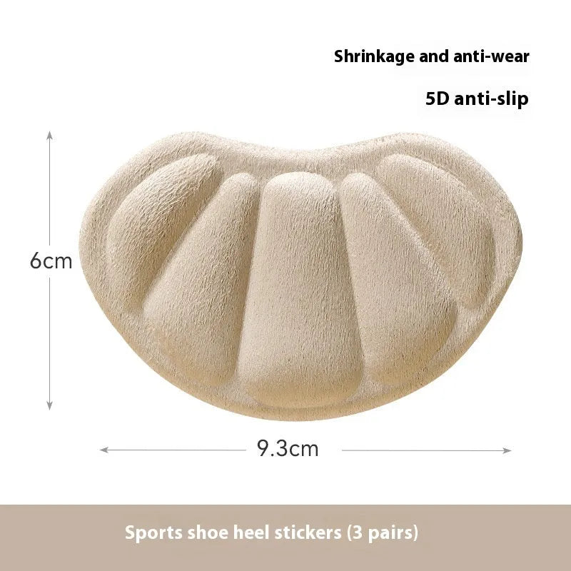 Three pairs of camel-coloured anti-blister heel cushion stickers with suede surface