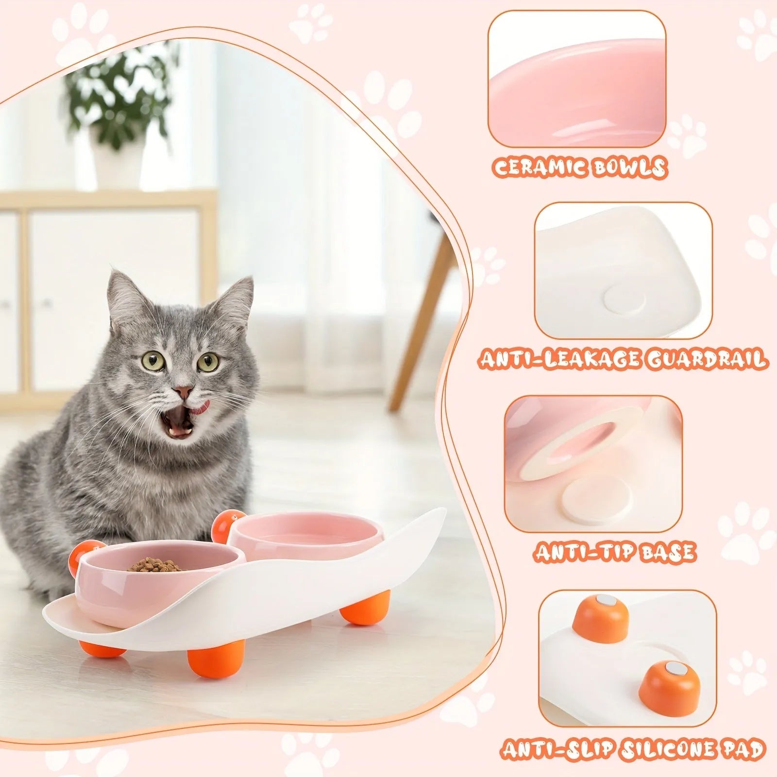 Ceramic raised pet bowl set with two bowls on non-slip silicone base for cats and small dogs