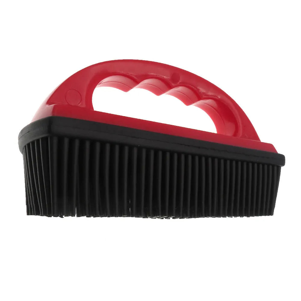 Red pet hair removal brush for bath massage and carpet cleaning measuring 160mm by 85mm