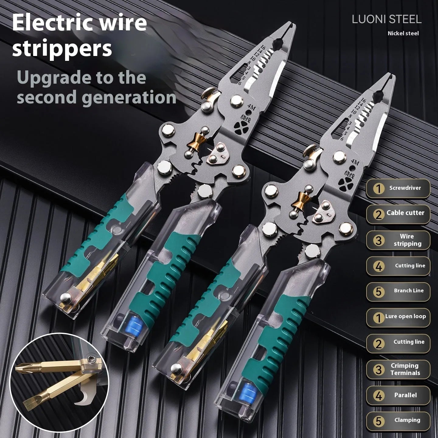 Electricians' multi-functional pointed pliers and wire stripper tool made of steel.