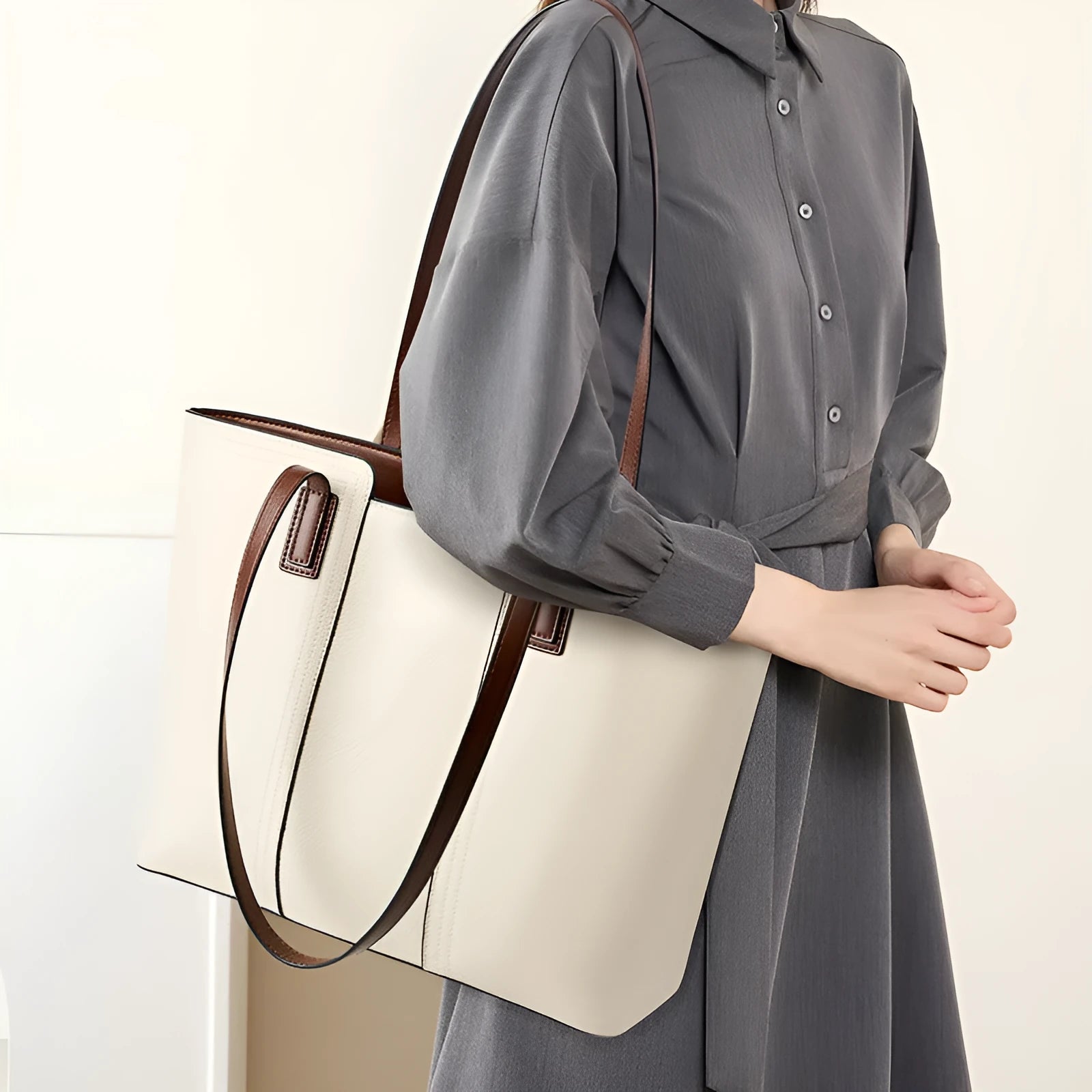 Women's black genuine leather large capacity shoulder bag with organised internal compartments