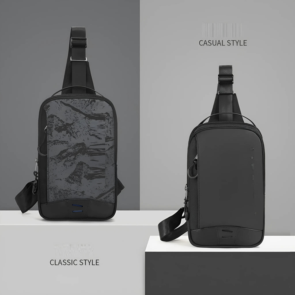 Casual black TPU chest bag with camouflage pattern, single shoulder strap, and soft handle showing square vertical shape