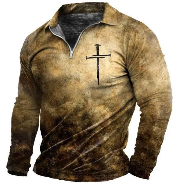 Men's zipper casual top with 3D digital print and front zipper decoration in cotton blend fabric