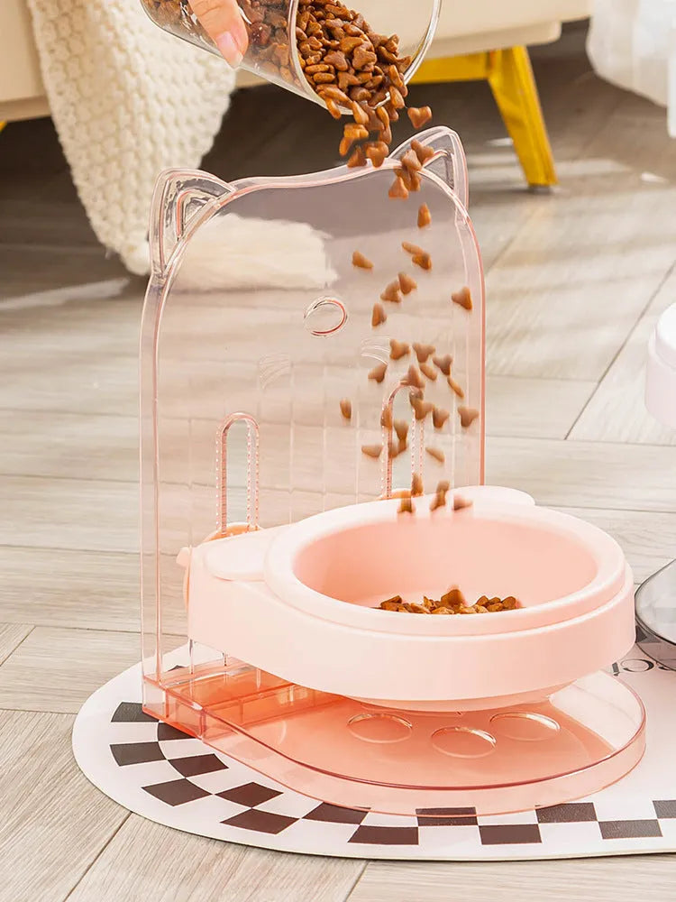 Grey cat bowl with anti-spill cage and cat ear neck protection for pets