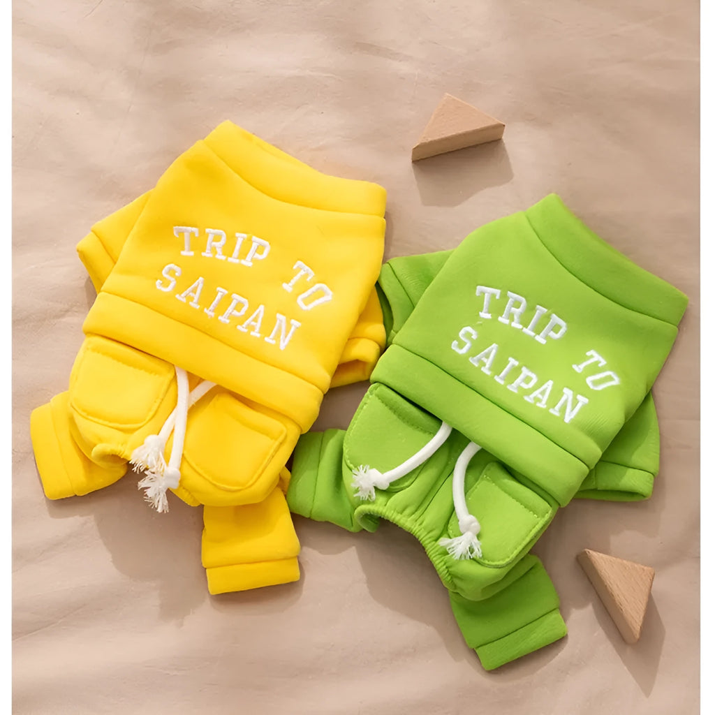 Green fleece puppy hoodie on a small dog, four-legged design with hood for autumn winter warmth