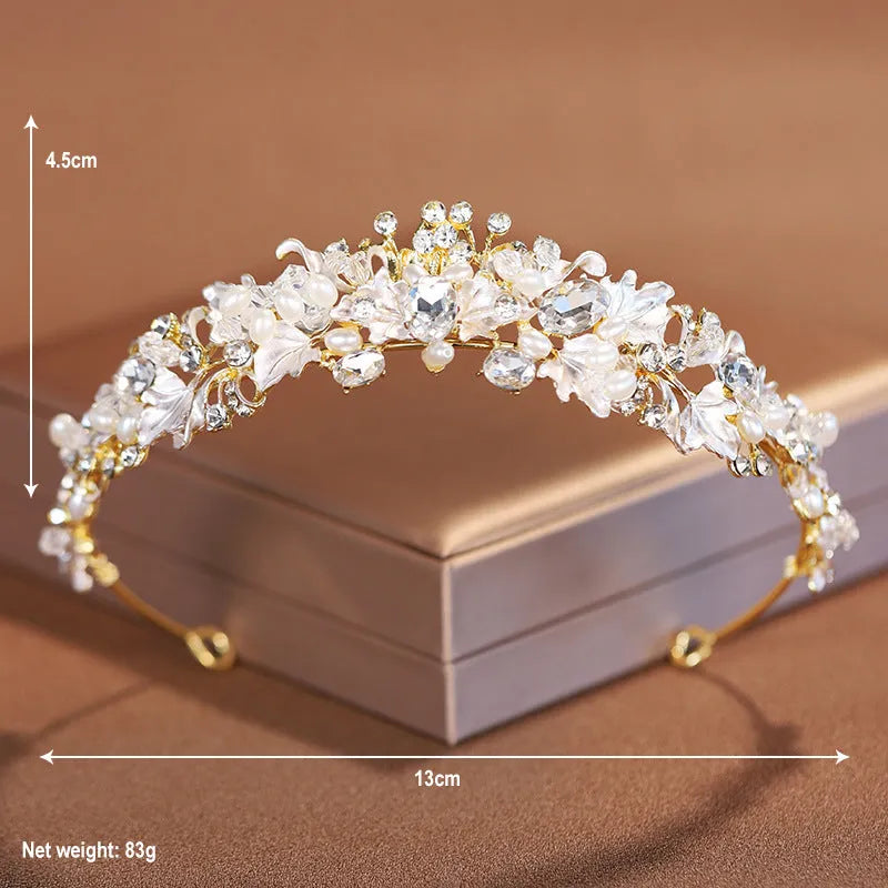 Gold and silver alloy pearl crown headdress with electroplated finish for women's wedding and birthday hair styling