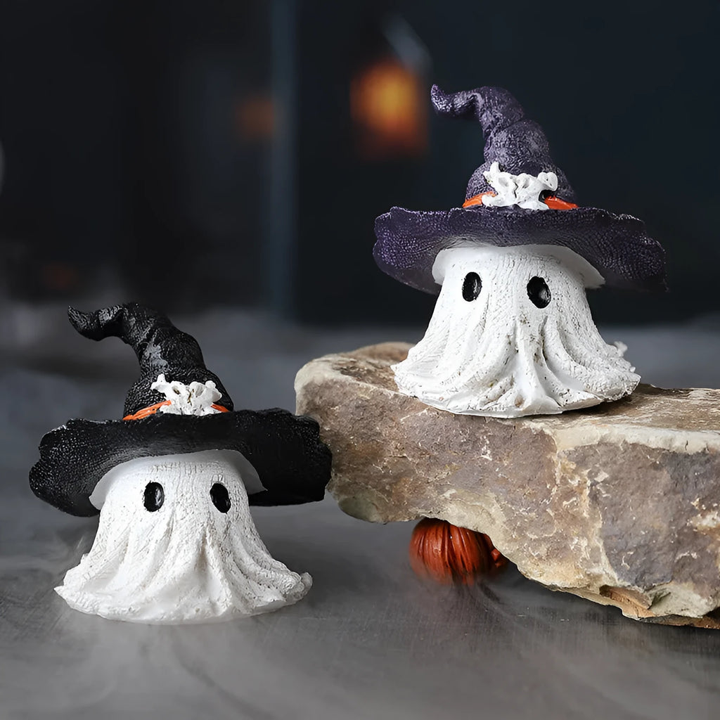 Resin wizard hat Halloween ornament in purple and black colour options.