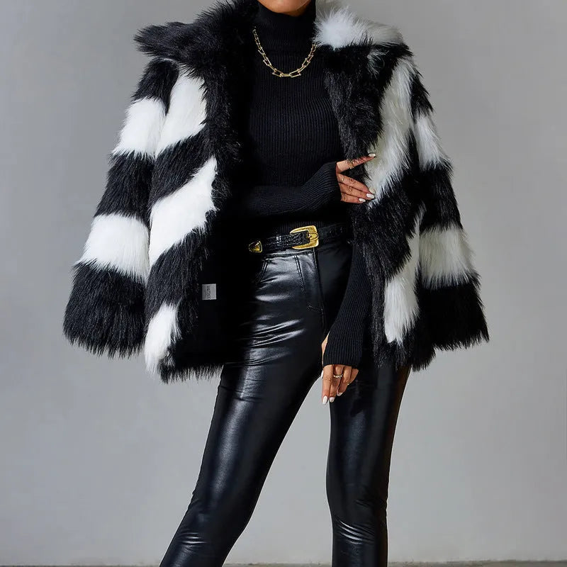 Women's minimalist faux fur coat with contrast color lapel and regular sleeves in picture color