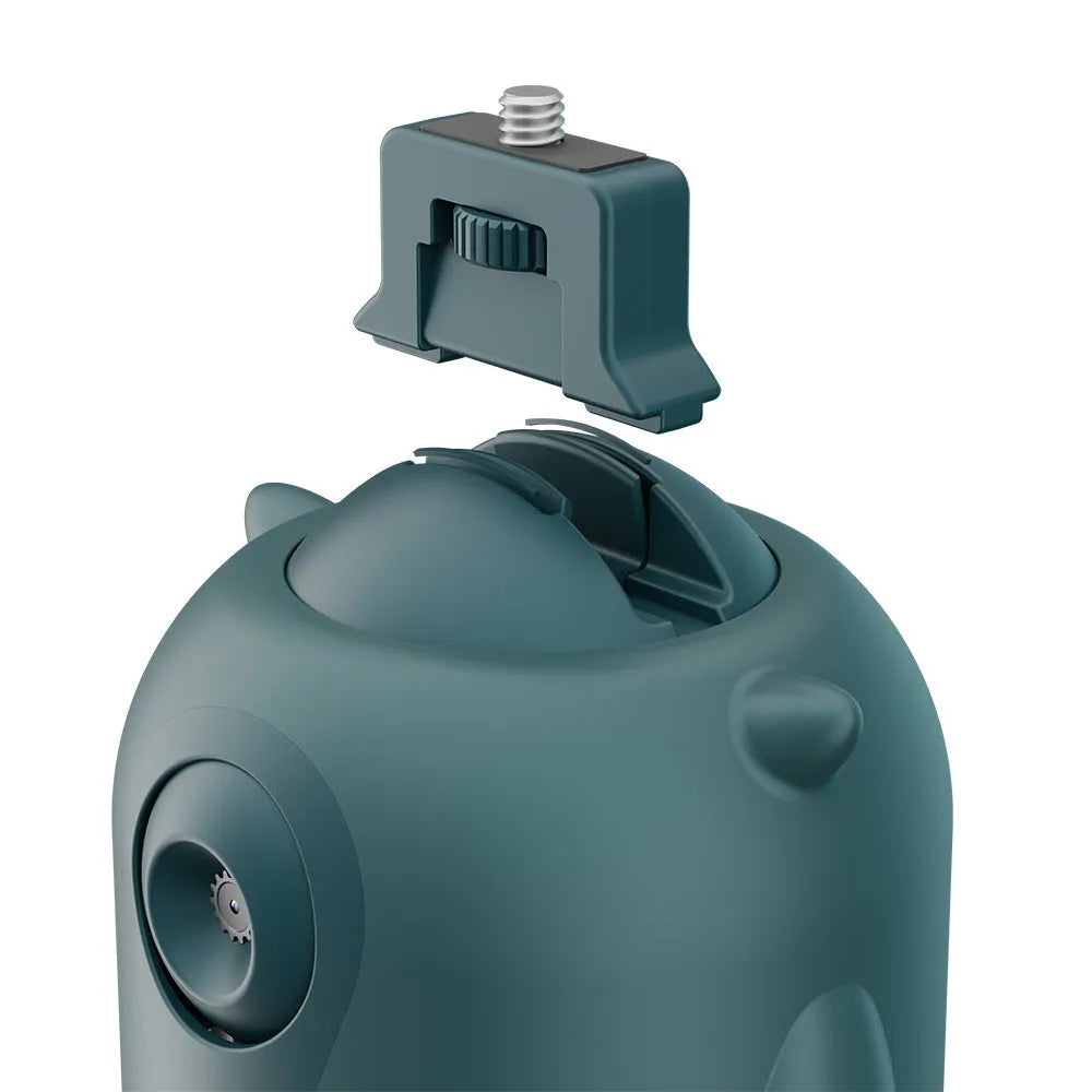 Dark green intelligent follow-up gimbal with built-in camera showing 360-degree rotation mechanism