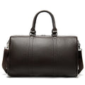 Men's black leather excursion tote bag with single shoulder strap showing substantial capacity