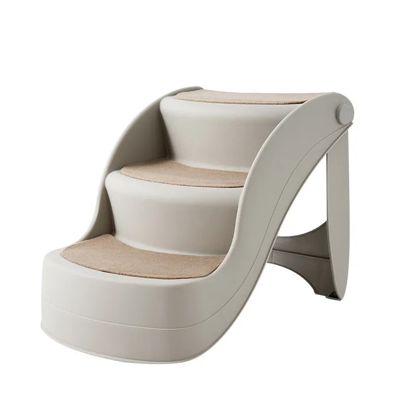 Foldable plastic pet ladder steps for small dogs and cats on a beige carpet.