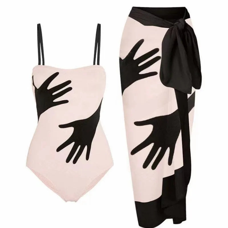 Women's polyester bikini two-piece set with a black tulle skirt overlay.