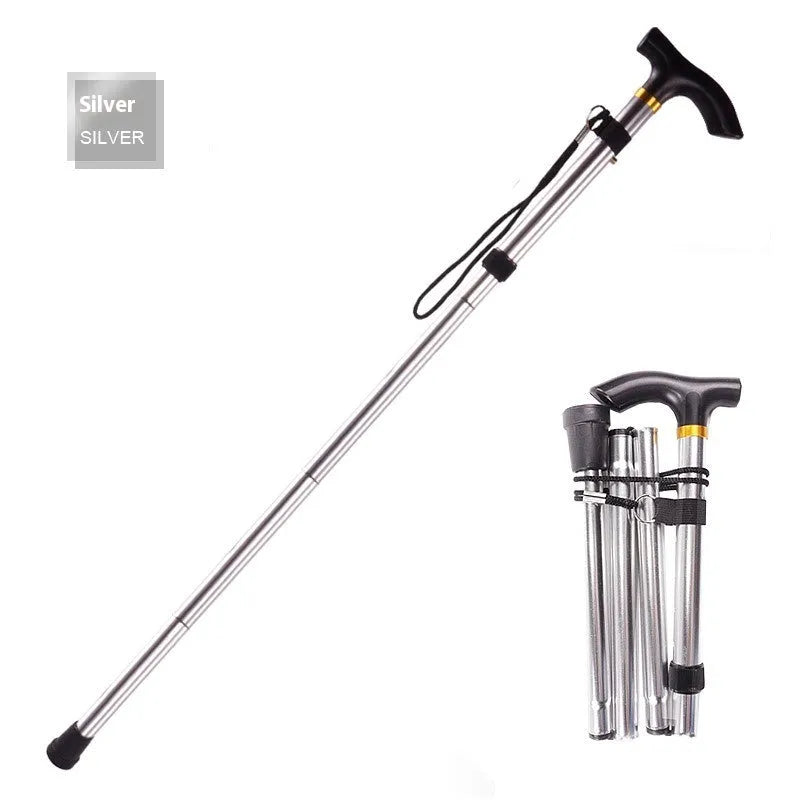 Aluminium folding walking cane with adjustable height and non-slip grip in multiple colour options