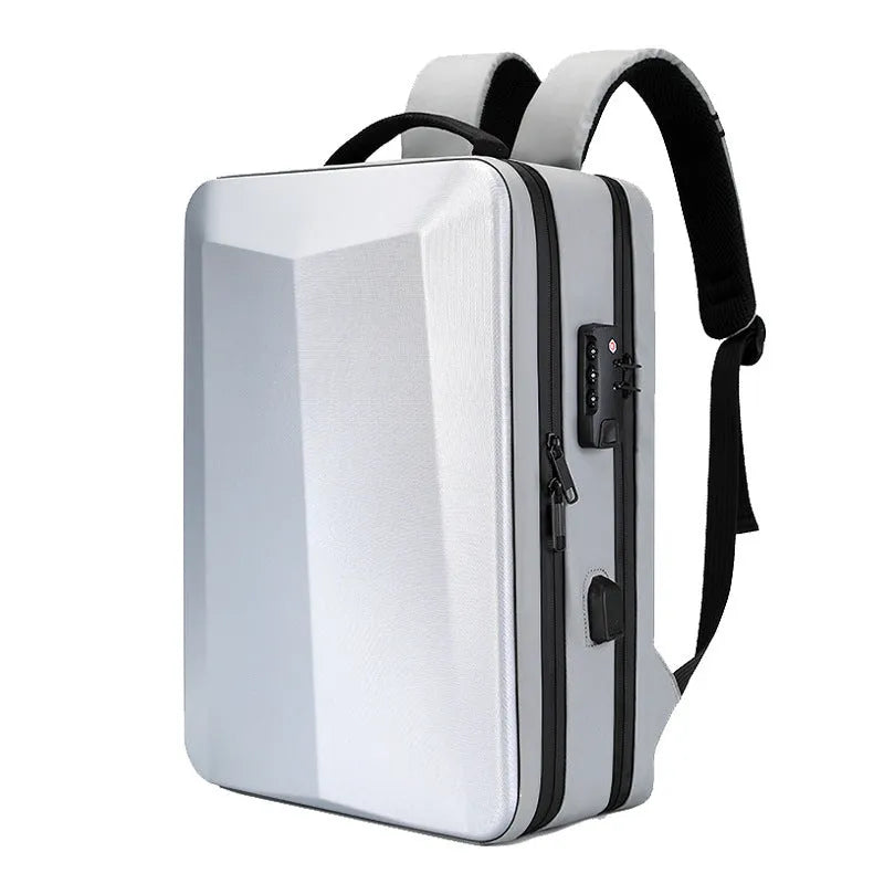Men's waterproof business backpack in black and silver white colours showing curved shoulder straps and splicing design elements