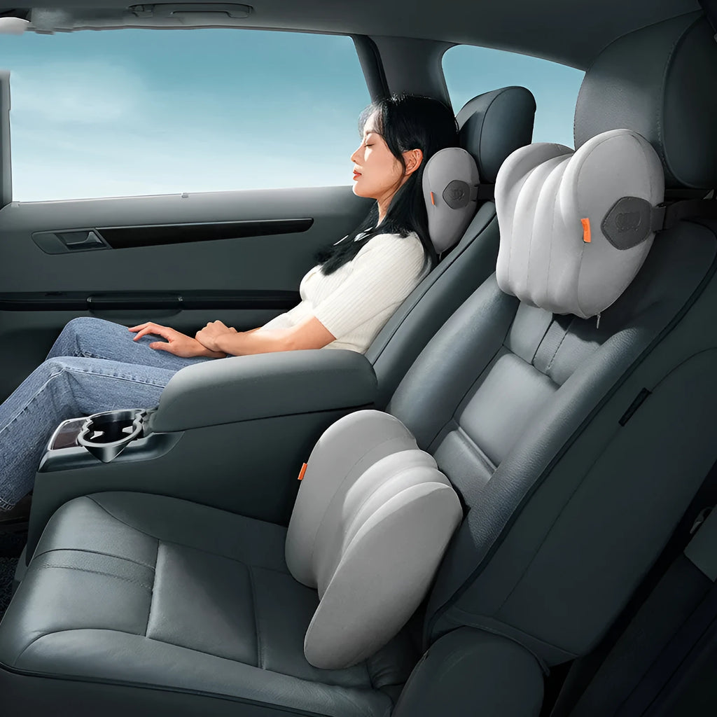 Grey and orange car head restraint neck guard with matching waist pillow