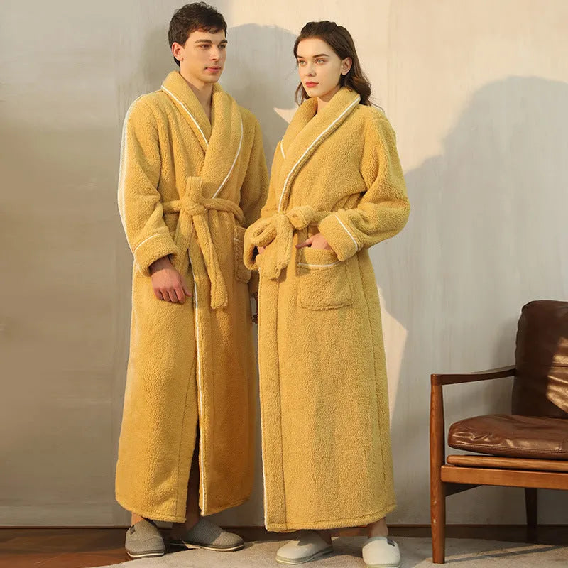 A super thick flannel winter bathrobe for couples shown in navy blue, available in extended sizes M, XL, and XXXL.