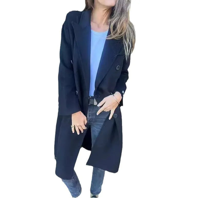 Women's mid-length lapel double-breasted long sleeve jacket in solid colour polyester, loose fit, front view