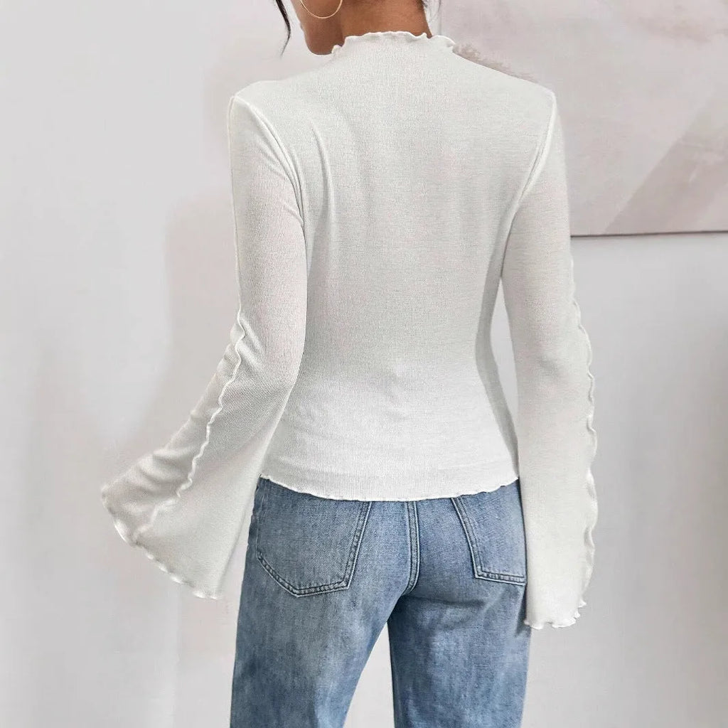 Solid colour beveled bell sleeve slim fit pullover with ruffled collar in black, front view
