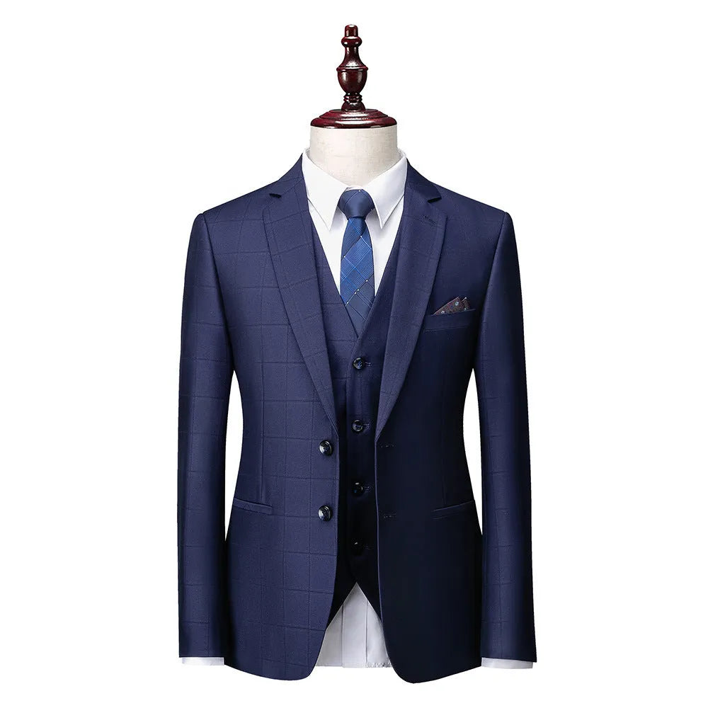 Men's navy blue three-piece slim fit plaid suit with jacket, vest, and trousers
