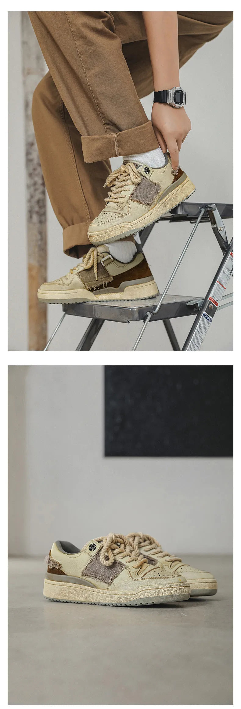 Beige low-top vintage skate shoes with lace-up front and rubber sole.