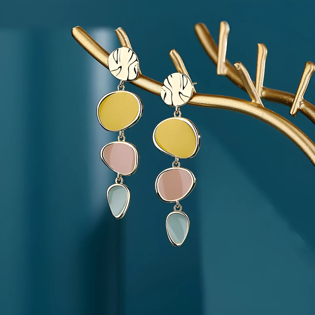 Morandi three-colour oil-drip finish on simple alloy disc vintage earrings with sterling silver post.