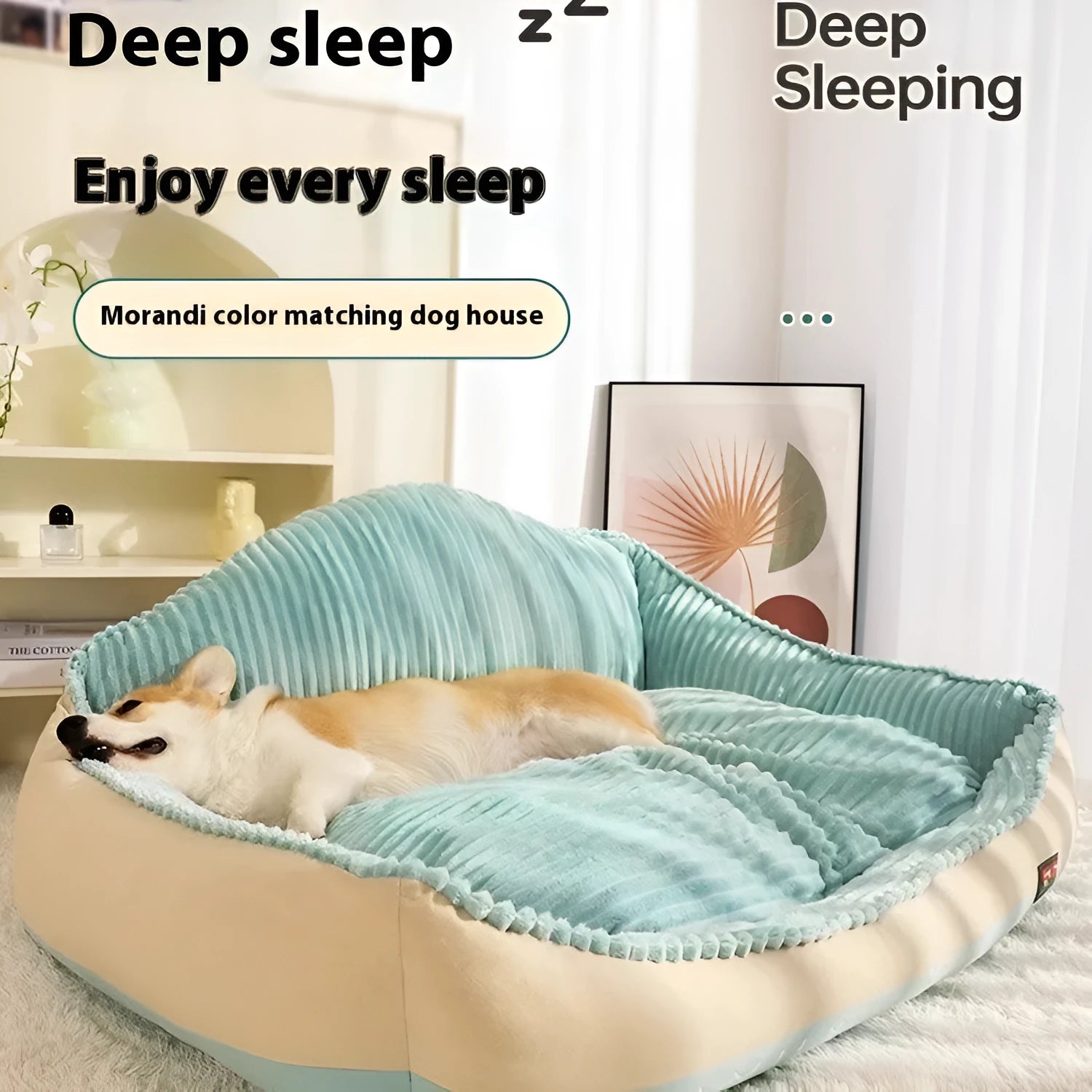 Morandi coloured pet bed with removable cover shown in M and L sizes for indoor dogs and cats