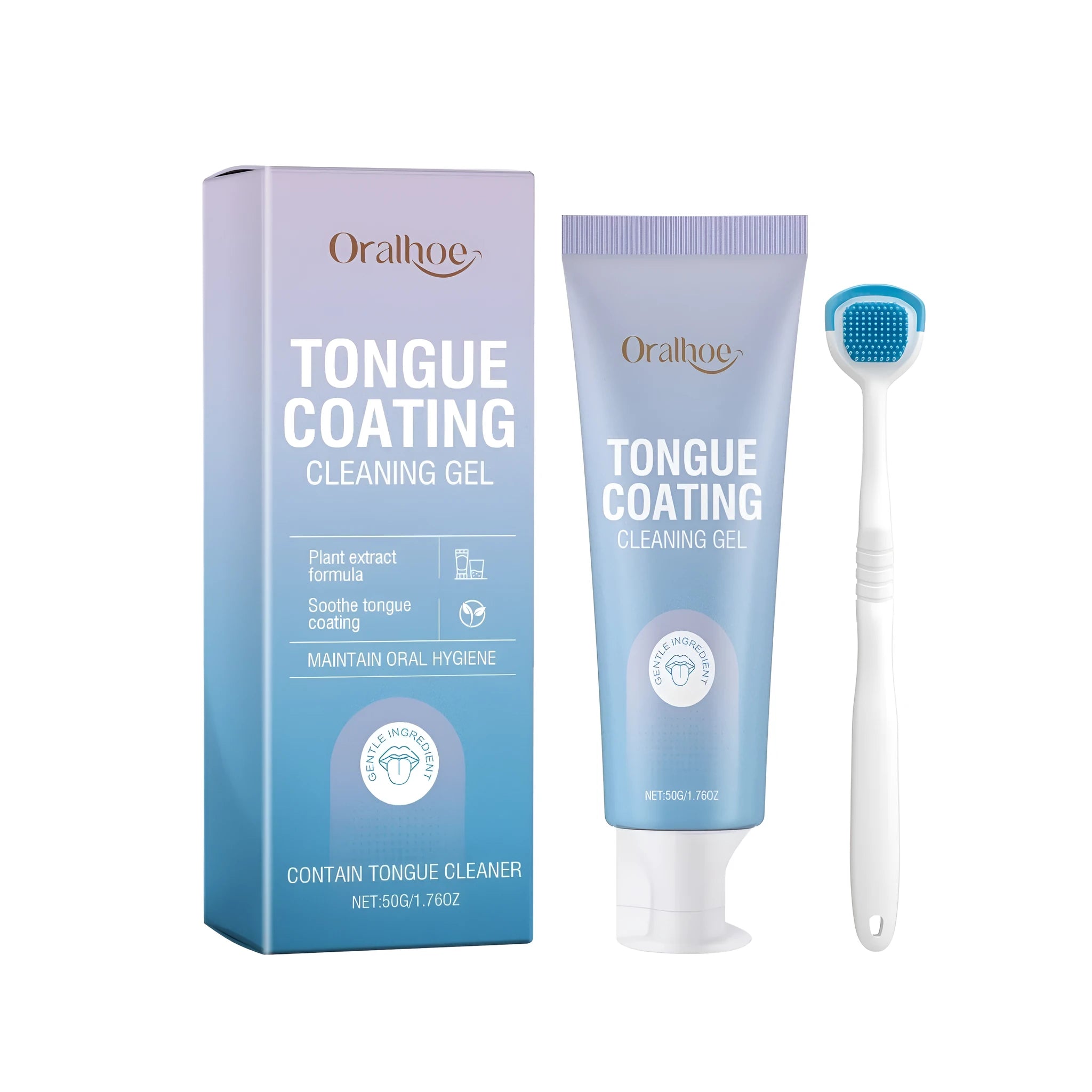 Tongue coating cleaning gel 50g tube and 17cm brush for oral hygiene