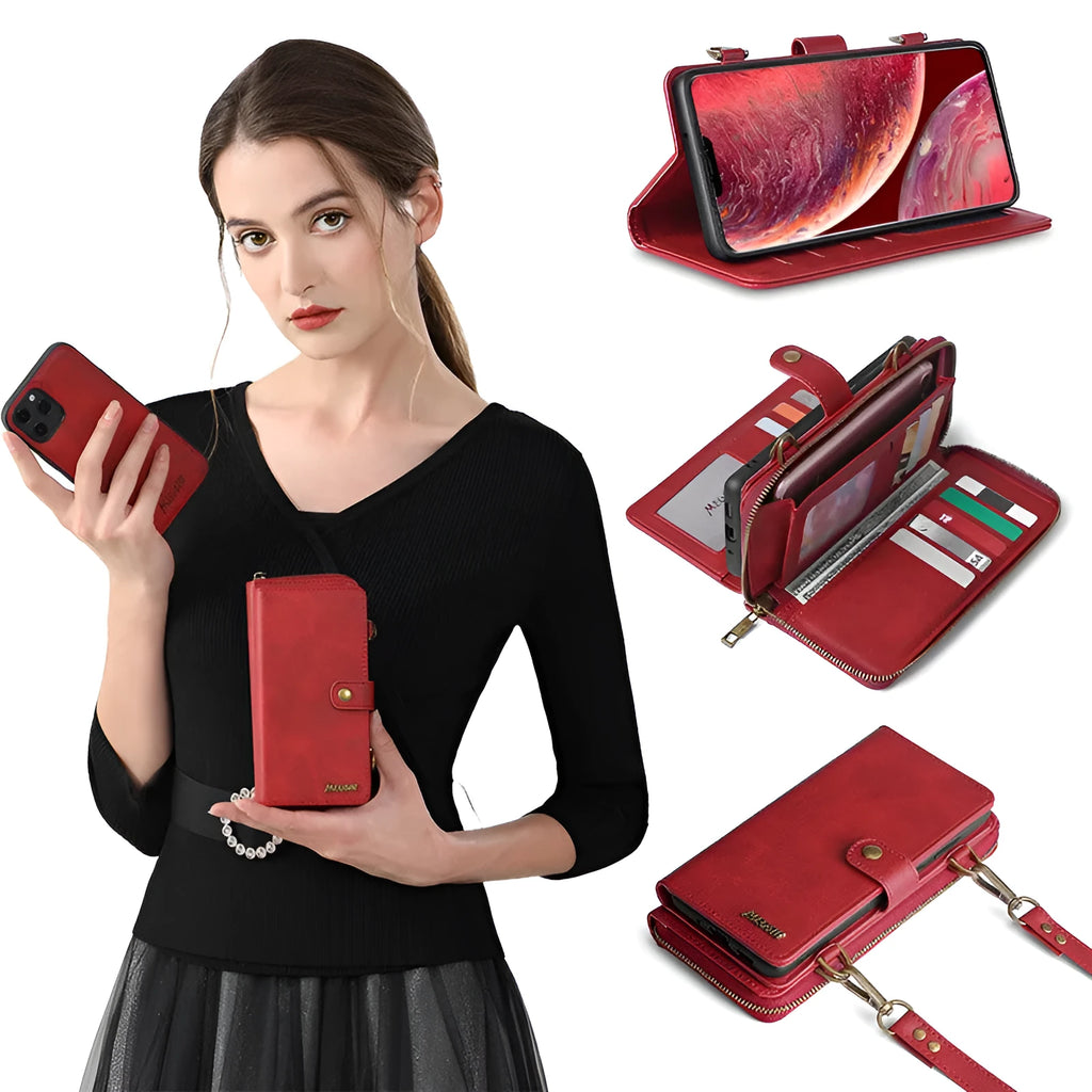 Detachable wallet flip phone case in black for iPhone and Samsung Galaxy with magnetic closure