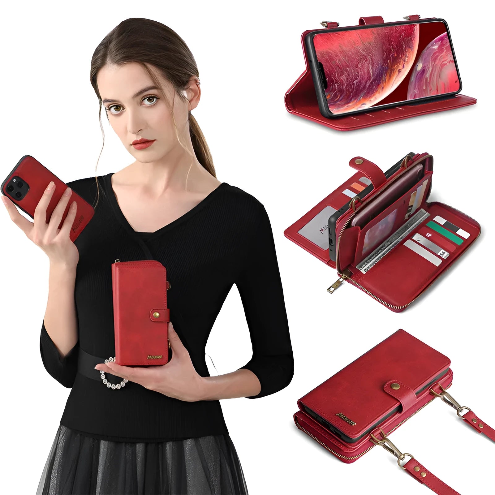 Detachable wallet flip phone case in black for iPhone and Samsung Galaxy with magnetic closure