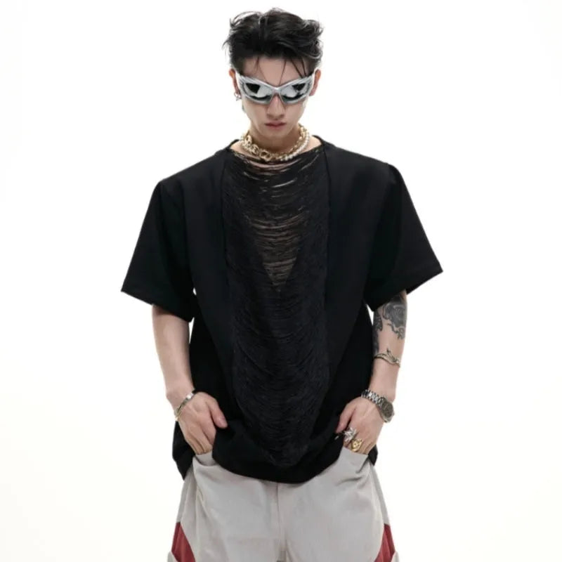 Drum black loose-fit men's V-neck short sleeve t-shirt with tassel detail on the collar.