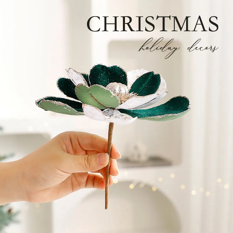 Set of three 15cm flannel Christmas flower ornaments in Champagne Gold, Dark Green, and Wine Red for tree decoration