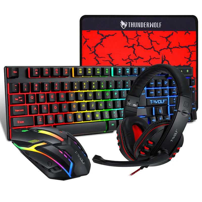 Thunder Wolf gaming keyboard and mouse set with headset and mouse pad on desk