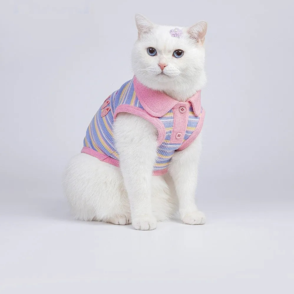 Pink purple pet vest for small dogs and cats showing size range from XXS to XXL