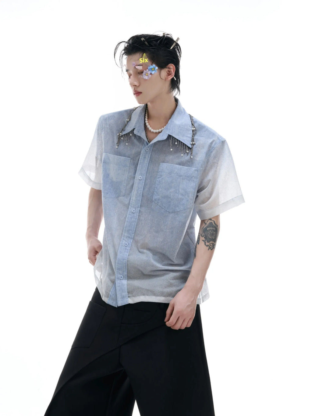 Men's loose blue gradient short sleeve casual polyester shirt on a hanger.