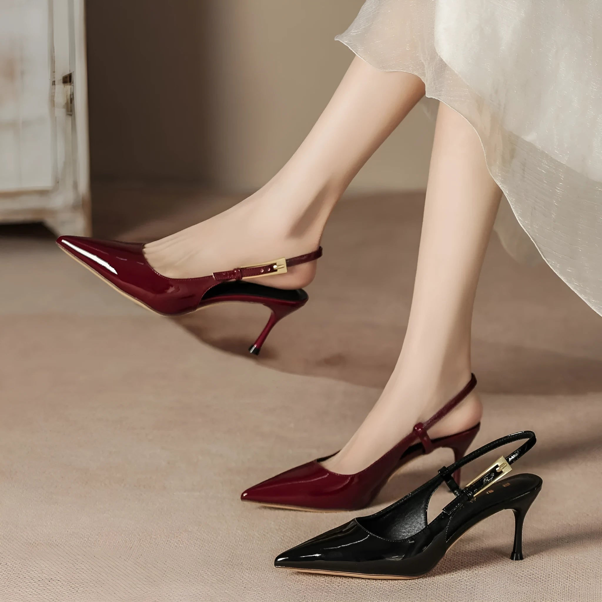 Women's stiletto heel pointed toe closed toe sandals in black with PU upper and rubber sole