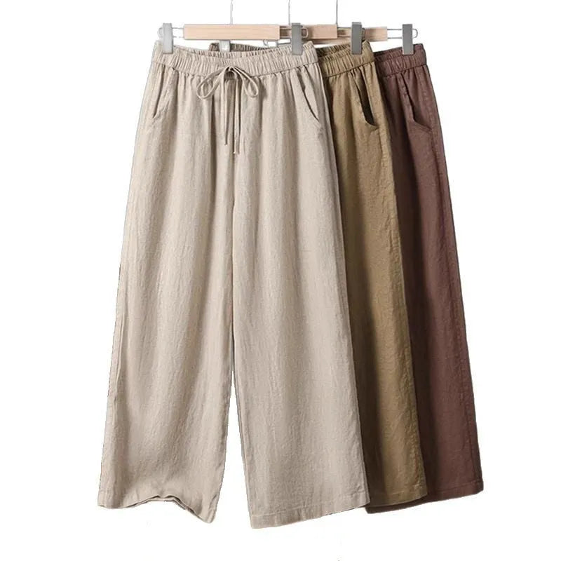 Women's straight-leg casual trousers with elastic waist and lace-up drawstring in four colour options
