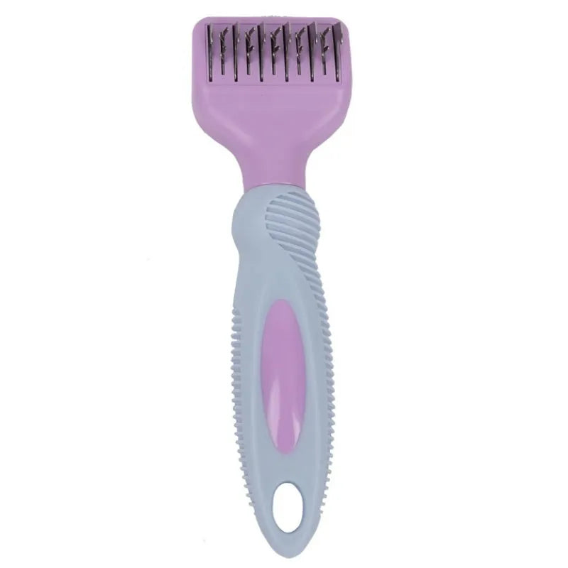 Pink and purple pet grooming comb with stainless steel knot knife and massage brush tips, shown with dimensions.