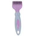 Pink and purple pet grooming comb with stainless steel knot knife and massage brush tips, shown with dimensions.