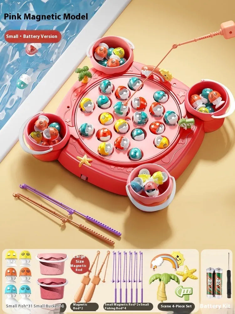 Baby educational magnetic fishing toy set with 8 poles, 4 barrels, and 31 colourful fish