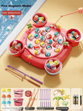 Baby educational magnetic fishing toy set with 8 poles, 4 barrels, and 31 colourful fish